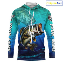 Load image into Gallery viewer, Custom Name Teal Blue Bass Fishing Jersey - Personalized 3D Long Sleeve Hooded Fishing Shirt For Men
