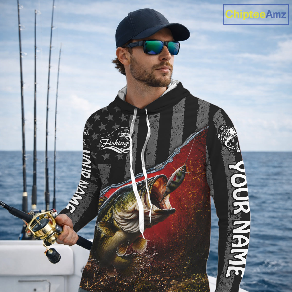 Gray Red Bass Custom Long Sleeve Hooded Fishing Shirts, American Flag Patriotic Bass Fishing Jerseys NHT972