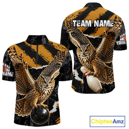 Front and back views of a short-sleeve bowling-themed quarter-zip shirt with a large owl and bowling pin graphic on a black and mustard background, plus customizable text placeholders.