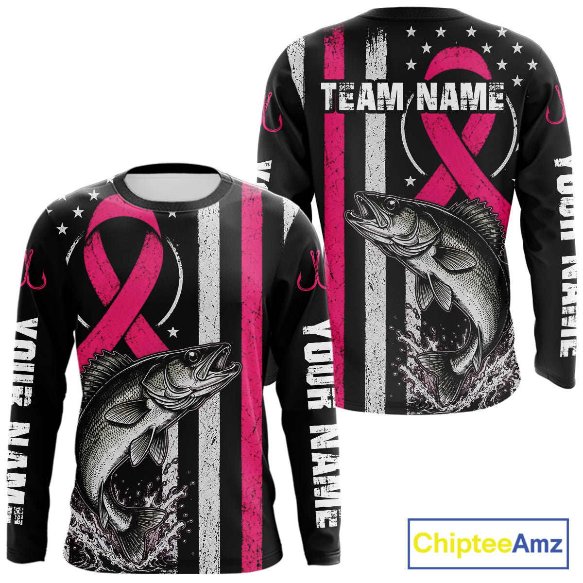 Front and back views of a long-sleeve black graphic shirt featuring a pink awareness ribbon, distressed vertical white and gray stripes, a large fish illustration, and customizable text reading TEAM NAME and YOUR NAME. A ChipteeAmz logo appears in the bottom right corner.