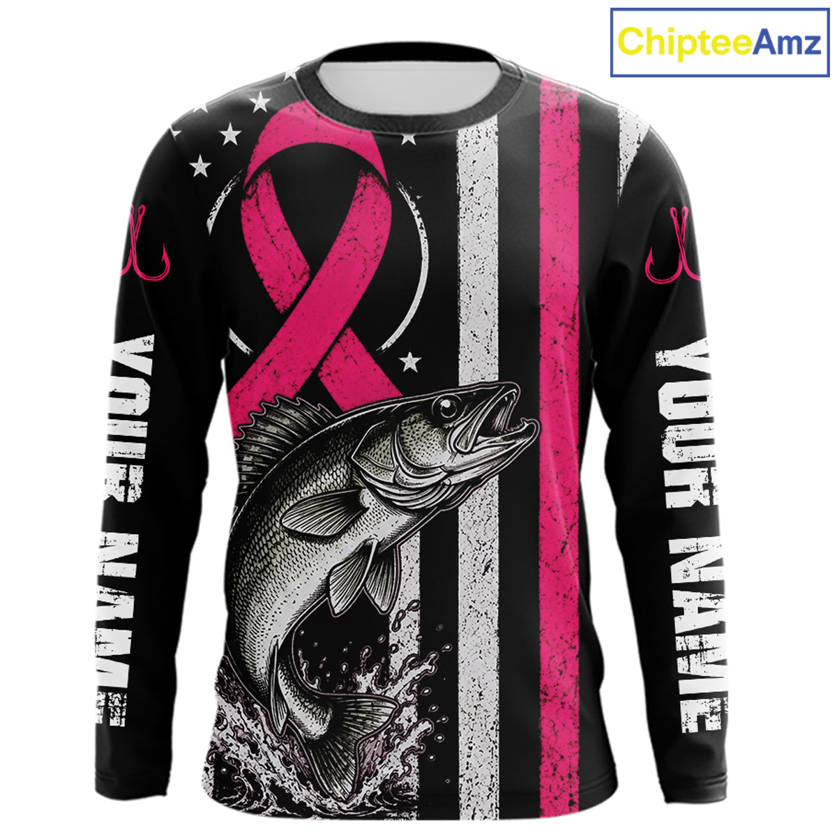 A long-sleeve black shirt with a pink awareness ribbon, a large fish graphic, distressed vertical white and pink stripes, and 'YOUR NAME' printed down both sleeves. A 'ChipteeAmz' logo is visible in the top right corner.