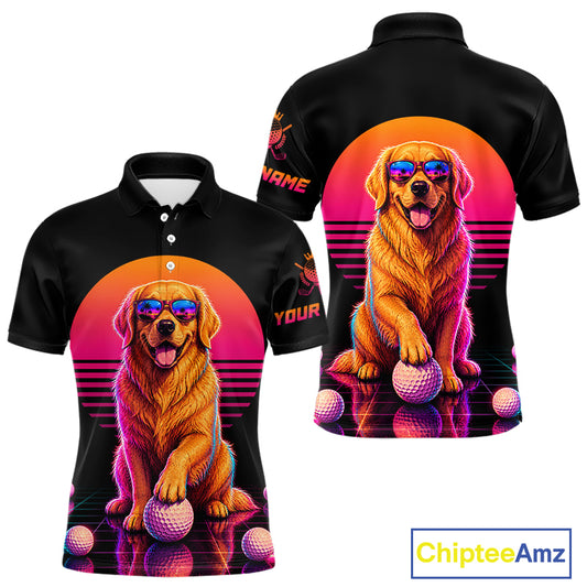 Personalized Golden Retriever Mens Golf Polo Shirt – Vintage Neon Golf Design