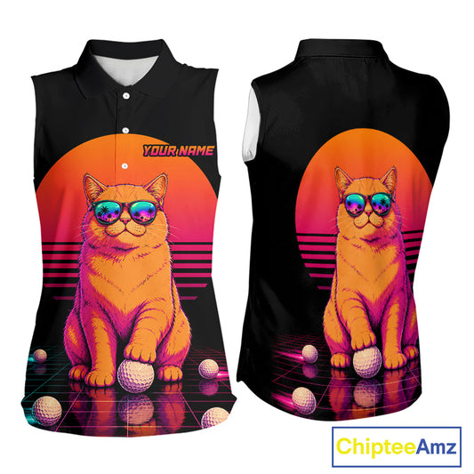 Personalized Funny Cat Womens Sleeveless Golf Polo Shirt – Vintage Neon Golf Design NHT992