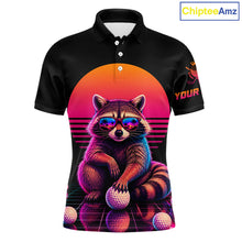 Load image into Gallery viewer, Personalized Funny Raccoon Mens Golf Polo Shirt – Vintage Neon Golf Design