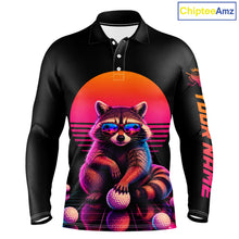 Load image into Gallery viewer, Personalized Funny Raccoon Mens Golf Polo Shirt – Vintage Neon Golf Design