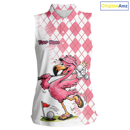 Funny Pink Flamingo Argyle Pink Pattern Sleeveless Womens Golf Polo Shirt Custom Golf Shirts For Womens NHT650