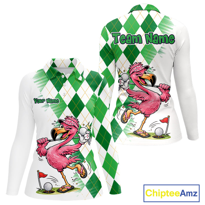 Funny Pink Flamingo Argyle Green Pattern Golf Polo Shirt Custom Golf Shirts For Womens NHT651