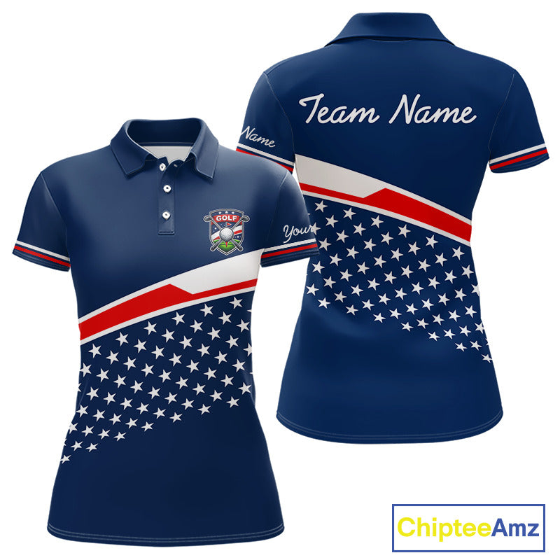 Blue Navy American Flag Womens Golf Polo Shirts Custom Patriotic Team Golf Shirts For Womens Golf Gifts NHT693