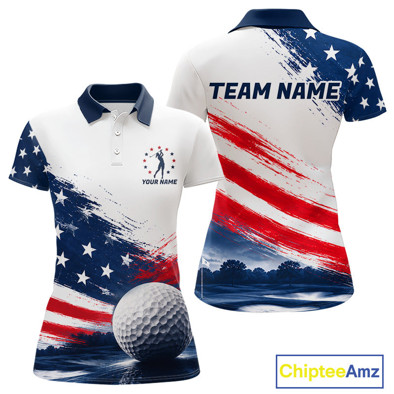 Women's Patriotic Golf Polo Shirt – USA Flag Golf Apparel, Red White Blue Performance Polo 