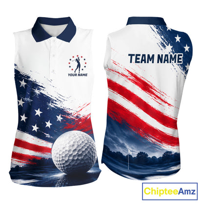 Women's Sleeveless Patriotic Golf Polo Shirt – USA Flag Golf Apparel, Red White Blue Performance Polo 
