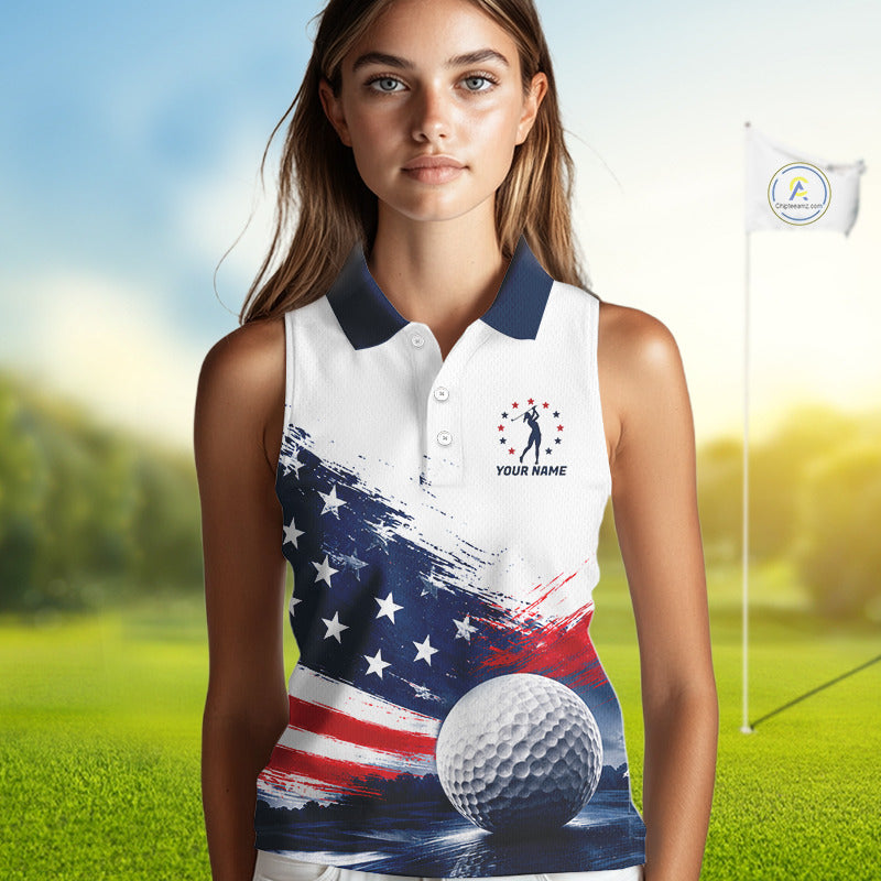 Women's Sleeveless Patriotic Golf Polo Shirt – USA Flag Golf Apparel, Red White Blue Performance Polo 