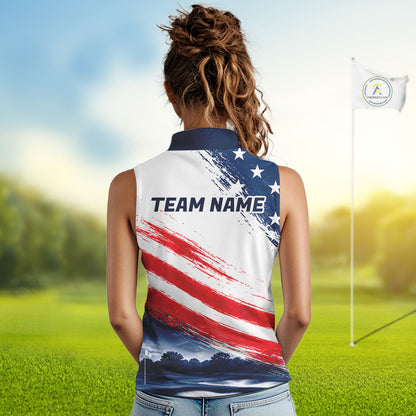 Women's Sleeveless Patriotic Golf Polo Shirt – USA Flag Golf Apparel, Red White Blue Performance Polo 