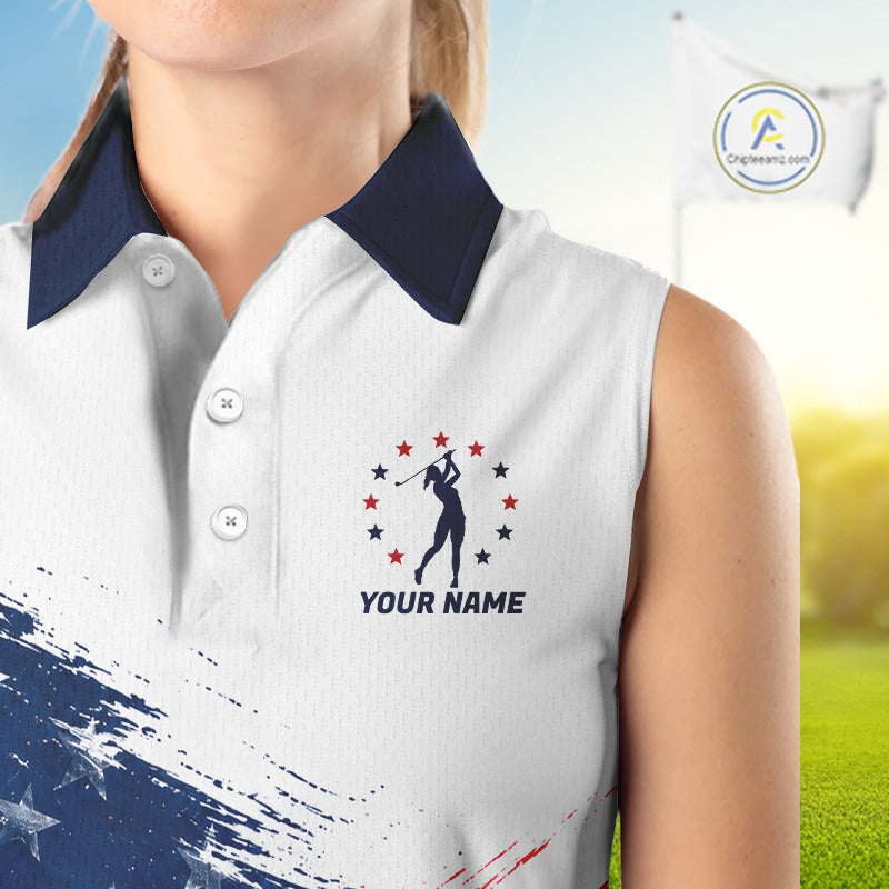 Women's Sleeveless Patriotic Golf Polo Shirt – USA Flag Golf Apparel, Red White Blue Performance Polo NHT1048