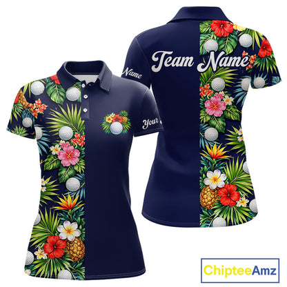 Womens Golf Polo Shirt Green Tropical Flower Leaves Custom Name Golf Polo Shirts, Golfing Gift NHT720