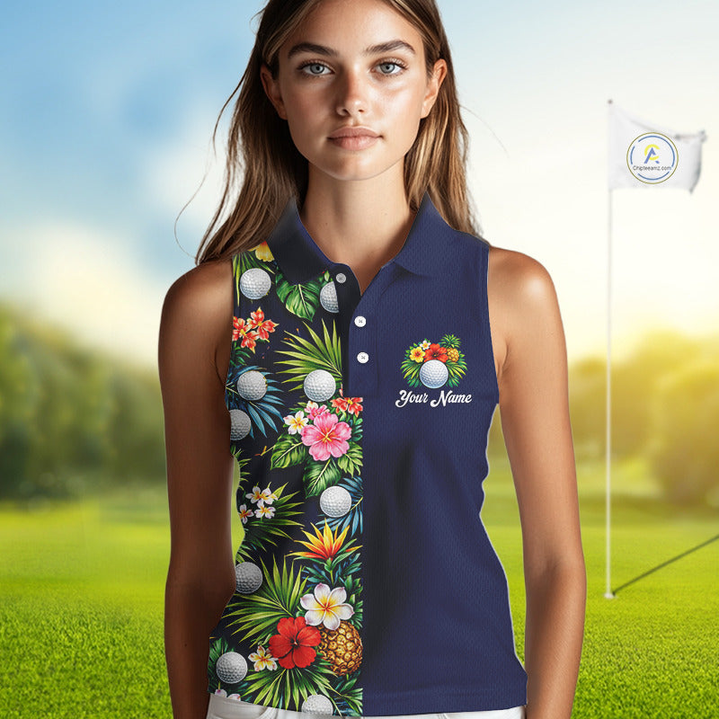 Womens Sleeveless Golf Polo Shirt Green Tropical Flower Leaves Custom Name Golf Polo Shirts, Golfing Gift NHT720
