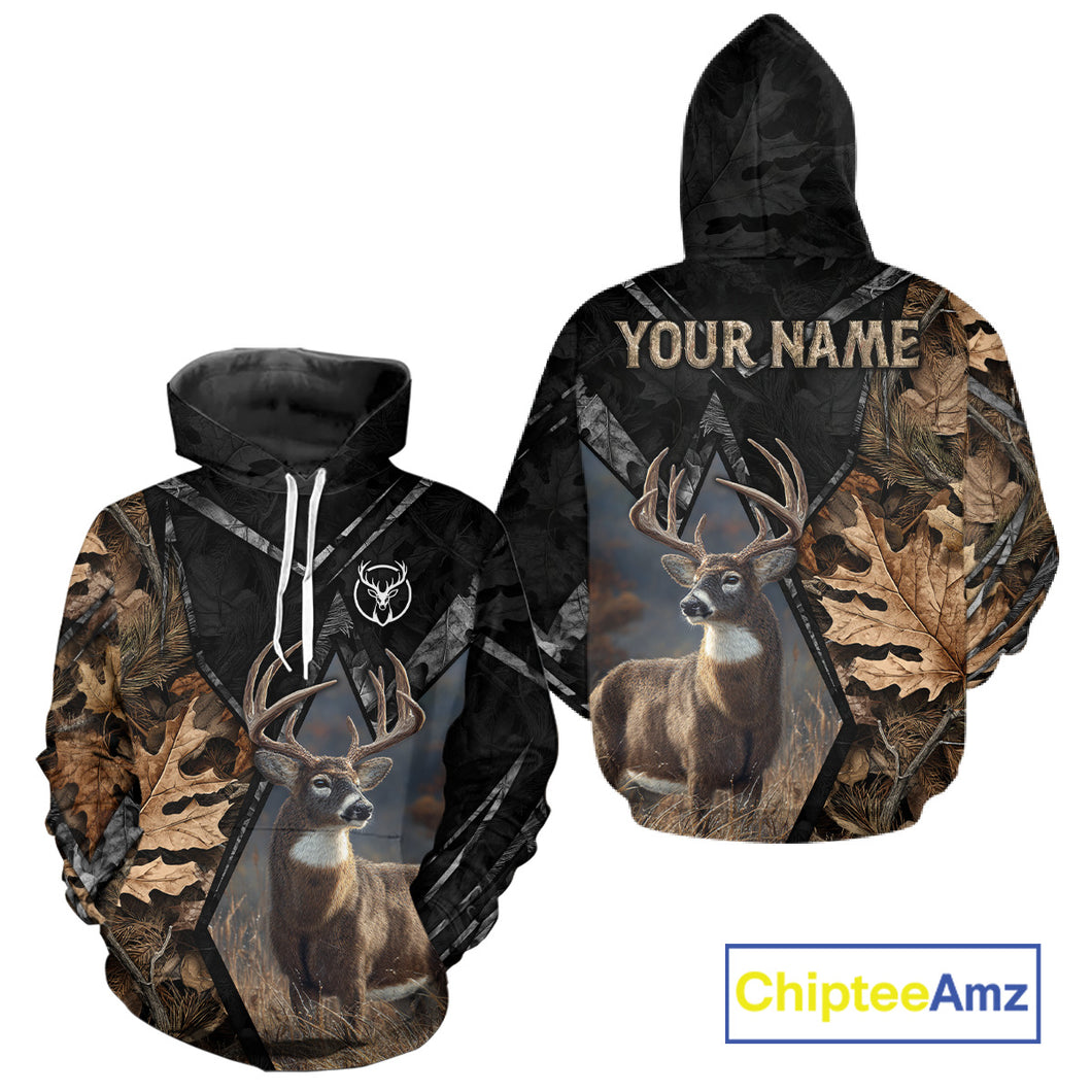 Deer Hunting 3D All Over Print Autumn Camo Black Shirt Custom Name Gifts For Hunter NHT216