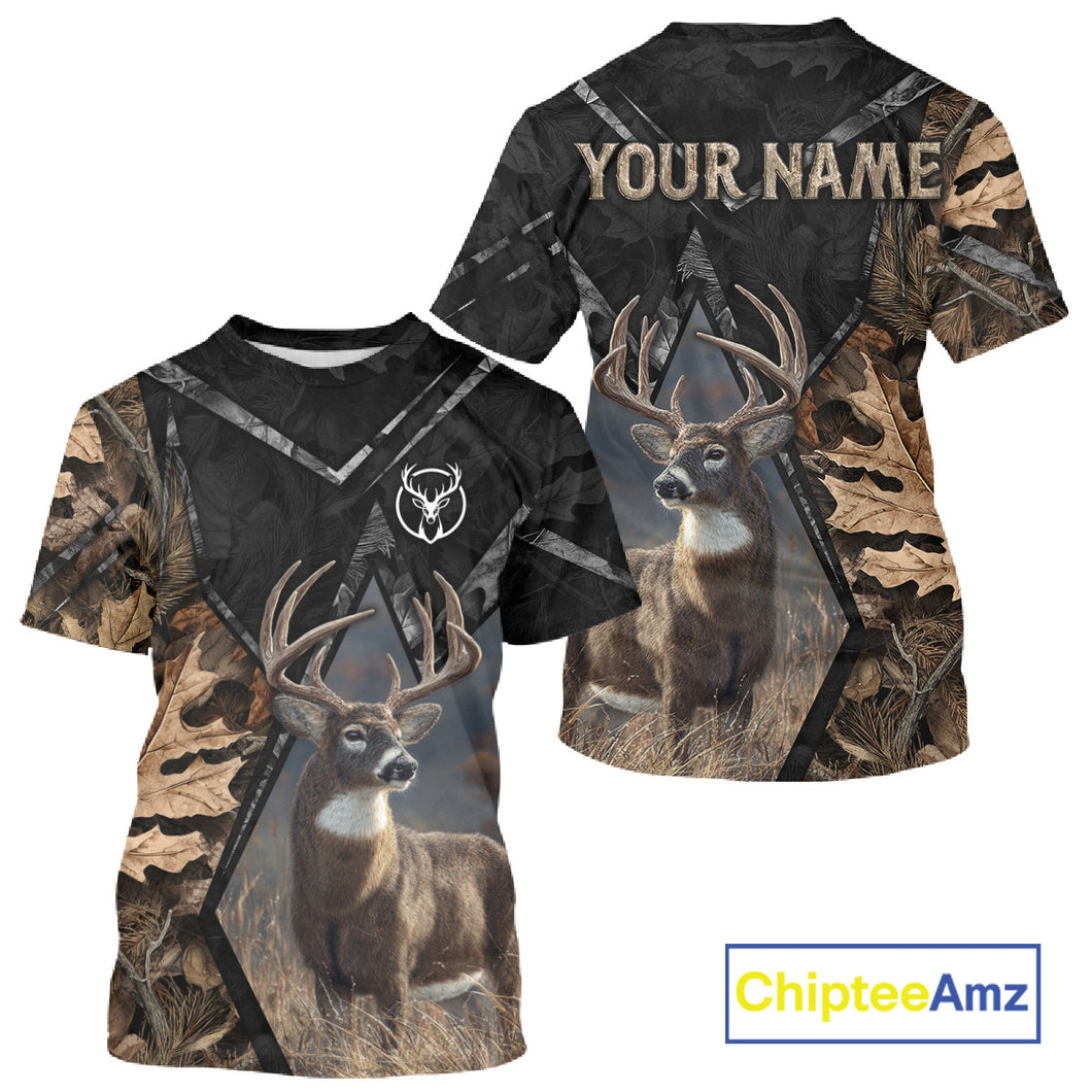 Deer Hunting 3D All Over Print Autumn Camo Black Shirt Custom Name Gifts For Hunter NHT216