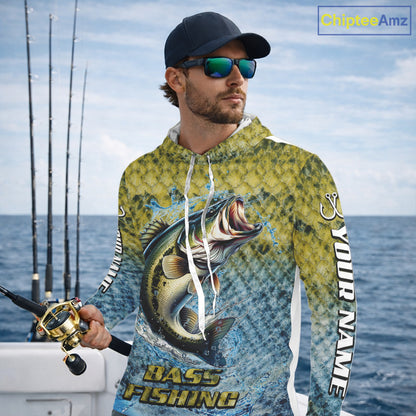 Largemouth Bass Fishing Shirts Long Sleeve Hooded, Beautiful Bass Fishing Shirts For Men NHT403