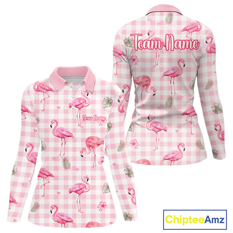 Personalized Flamingo Polo Shirt Pink Plaid Custom Name Team Shirt Womens Flamingo Golf Polo Gift NHT1216