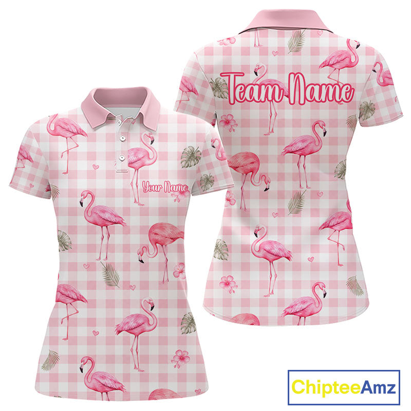 Personalized Flamingo Polo Shirt Pink Plaid Custom Name Team Shirt Womens Flamingo Golf Polo Gift NHT1216