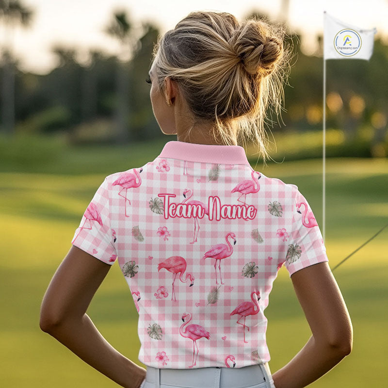 Personalized Flamingo Polo Shirt Pink Plaid Custom Name Team Shirt Womens Flamingo Golf Polo Gift NHT1216