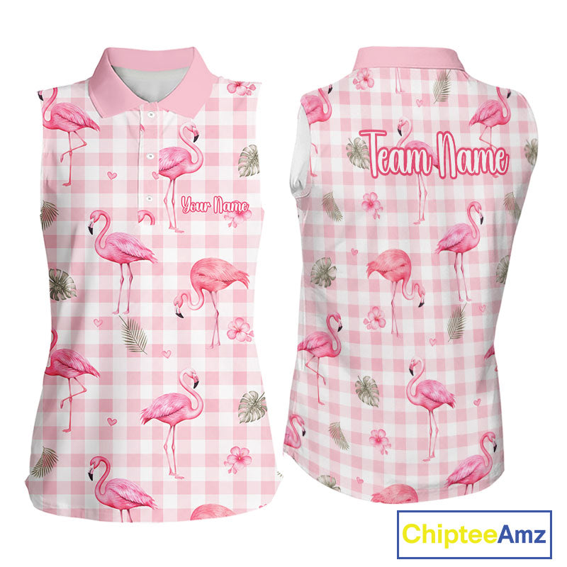 Front and back views of a sleeveless women's polo shirt with a pink and white gingham pattern, decorated with watercolor pink flamingos and small palm leaves. The front features a button-down collar and placeholder text 'Your Name', while the back has 'Team Name' printed in pink script.