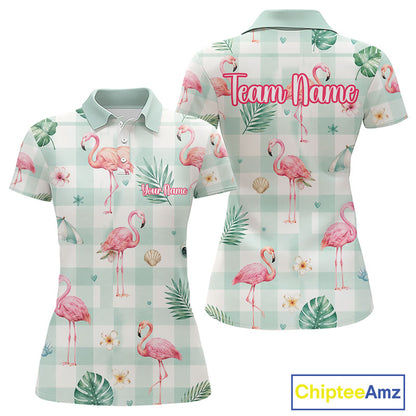 Personalized Flamingo Golf Polo Shirt, Mint Plaid Custom Name Team Shirt, Womens Golf Polo Gift NHT1217
