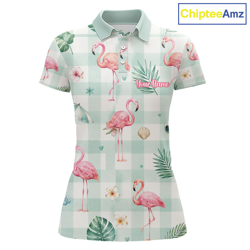 Personalized Flamingo Golf Polo Shirt, Mint Plaid Custom Name Team Shirt, Womens Golf Polo Gift NHT1217