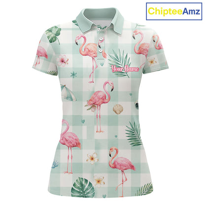 Personalized Flamingo Golf Polo Shirt, Mint Plaid Custom Name Team Shirt, Womens Golf Polo Gift NHT1217