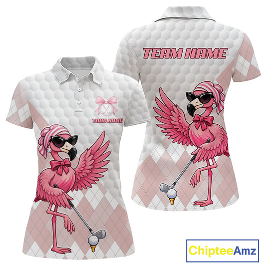 Pink Flamingo Golf Shirt For Women, Funny Argyle Patten Golf Polo Shirt, Ladies Golf Outfit For Team NHT731