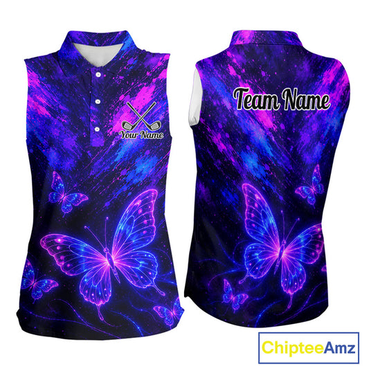 Neon Butterfly Womens Golf Polo Shirt Personalized Team Name Custom Purple Blue Golf Apparel Gift NHT901