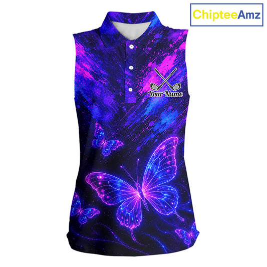 Neon Butterfly Womens Golf Polo Shirt Personalized Team Name Custom Purple Blue Golf Apparel Gift NHT901