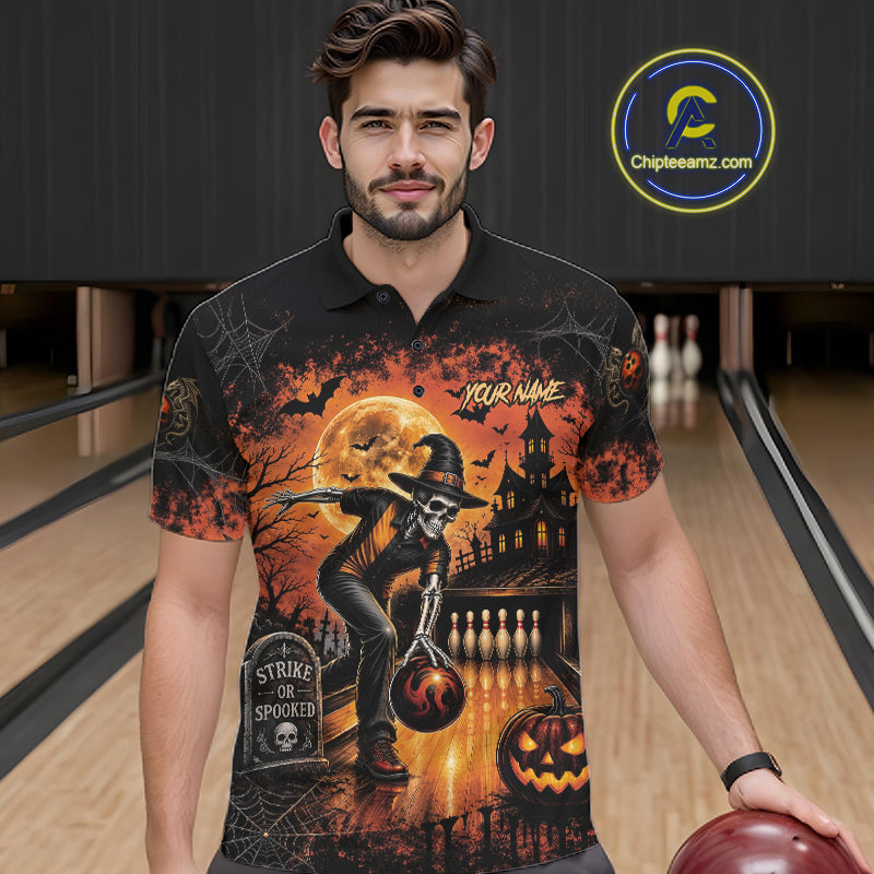 Halloween Bowling Shirt Personalized Name Skull Skeleton Bowling Shirt For Men NHT1377