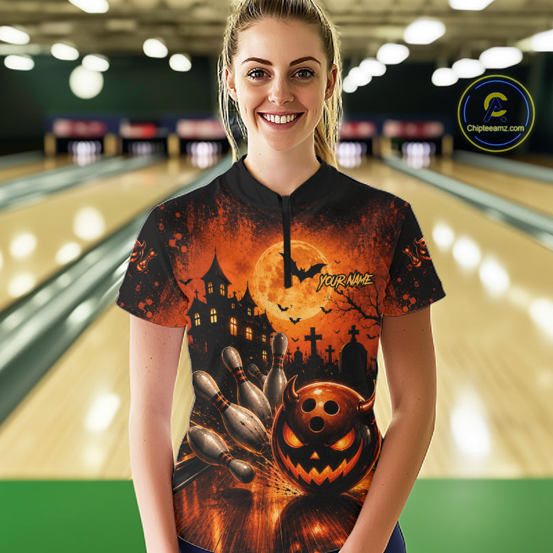 Halloween Bowling Shirt Personalized Pumpkin Bowling Shirt For Women Custom Team Name NHT1380