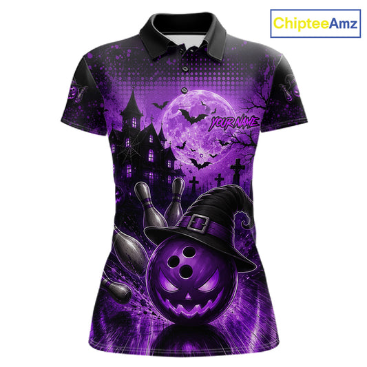 Halloween Bowling Shirt Personalized Purple Pumpkin Bowling Shirt For Women Team Name NHT1381