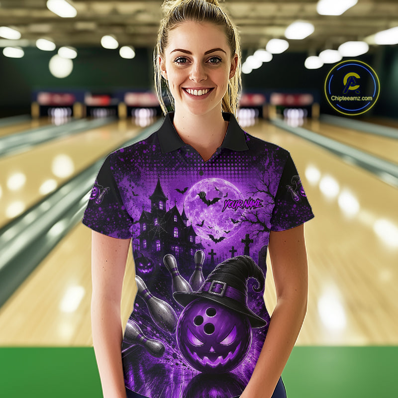 Halloween Bowling Shirt Personalized Purple Pumpkin Bowling Shirt For Women Team Name NHT1381