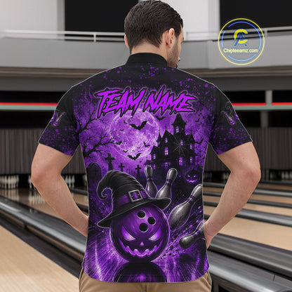 Halloween Bowling Shirt Personalized Purple Pumpkin Bowling Shirt For Men Team Name NHT1381