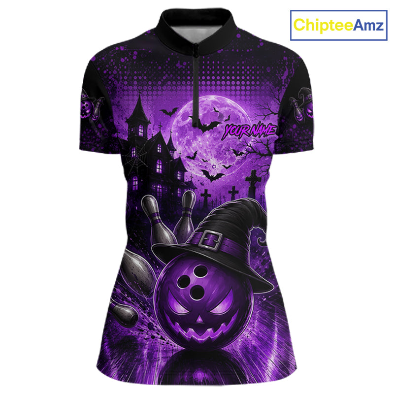 Halloween Bowling Shirt Personalized Purple Pumpkin Bowling Shirt For Women Team Name NHT1381