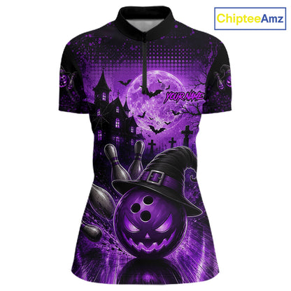 Halloween Bowling Shirt Personalized Purple Pumpkin Bowling Shirt For Women Team Name NHT1381