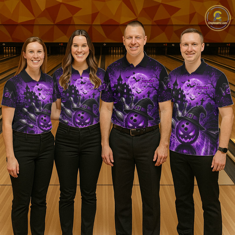Halloween Bowling Shirt Personalized Purple Pumpkin Bowling Shirt For Men Team Name NHT1381