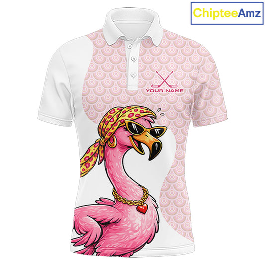 White Pink Mens Golf Shirt Flamingo Golf Funny Custom Team Name Cool Gift For Golfer NHT546
