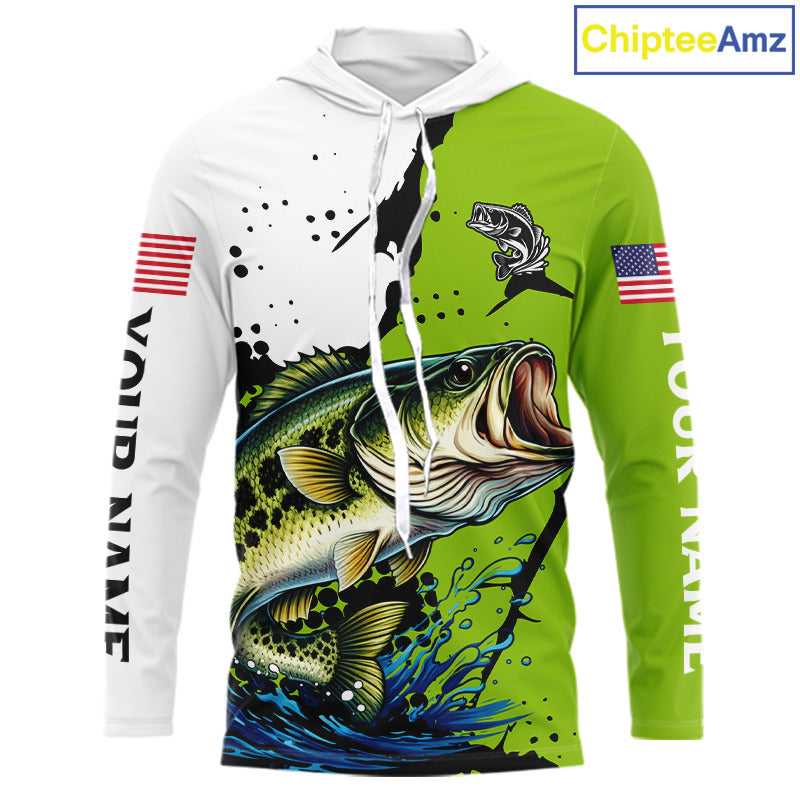 Green Camo Largemouth Bass Hooded Fishing Shirts Long Sleeve, Custom Big Bass Fishing Jerseys NHT481