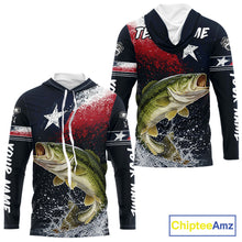Load image into Gallery viewer, Custom Vintage Bass Long Sleeve Hooded Patriotic Fishing Shirt For Men, Bass Texas Flag Fishing Shirt NHT764
