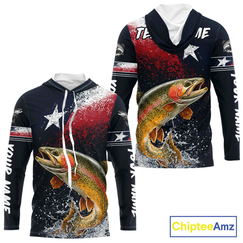 Custom Vintage Rainbow Trout Long Sleeve Hooded Patriotic Fishing Shirt For Men, Trout Texas Flag Fishing Shirt NHT766