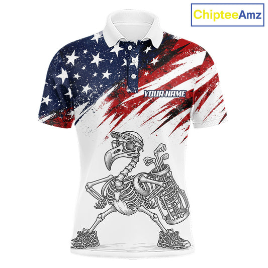 Patriotic Golf Polo Shirt – USA Flag Skull Flamingo Golfer Funny Golf Outfit For Men NHT780