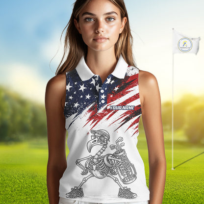 Patriotic Sleeveless Womens Golf Polo Shirt – USA Flag Skull Flamingo Golfer Funny Golf Outfit For Womens NHT780