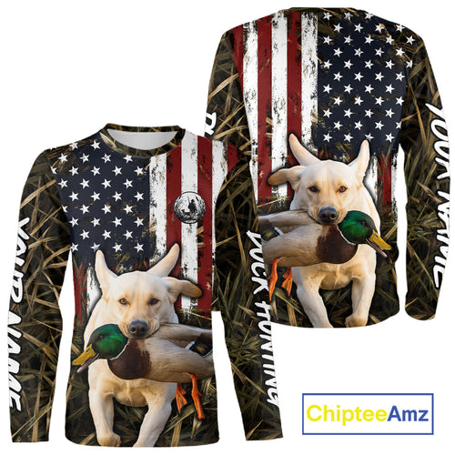 Mallard Duck Hunting Shirt Personalized Camo With Dog Yellow Lab US Flag Hunting Clothes NHT166