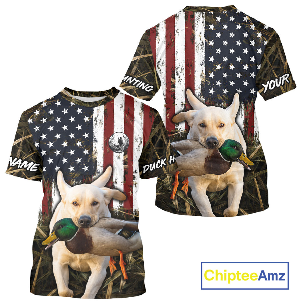 Mallard Duck Hunting Shirt Personalized Camo With Dog Yellow Lab US Flag Hunting Clothes NHT166