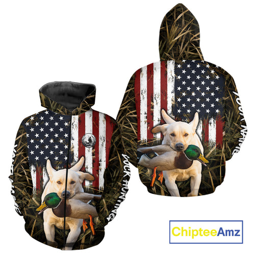 Mallard Duck Hunting Shirt Personalized Camo With Dog Yellow Lab US Flag Hunting Clothes NHT166