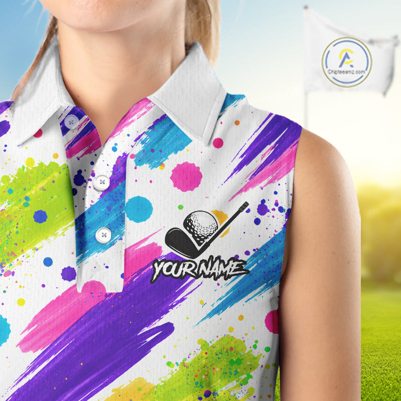 Personalized Colorful Paint Stroke Sleeveless Golf Polo Shirt Flaming Golf Ball Custom Best Team Golf Shirts NHT624